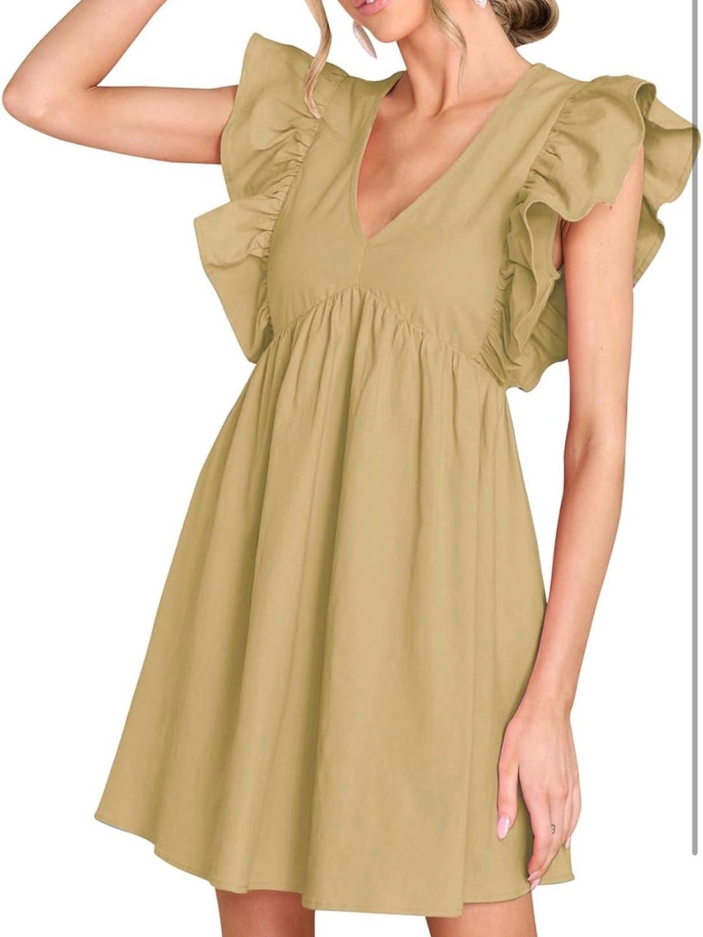 V-Neck Ruffle Sleeve Mini Dress in Olive